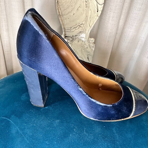 J.Crew Navy Blue Satin & Leather Chunky Heels - 4” - Picture 2 of 6